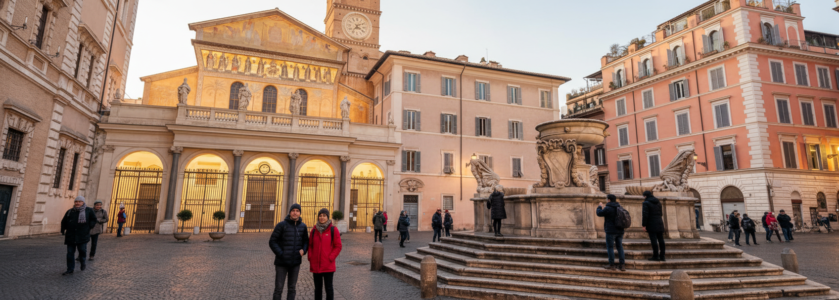 Illuminated facade of the Basilica of Santa Maria and the fountain in the square at sunset, a top choice for what to do in Trastevere Rome