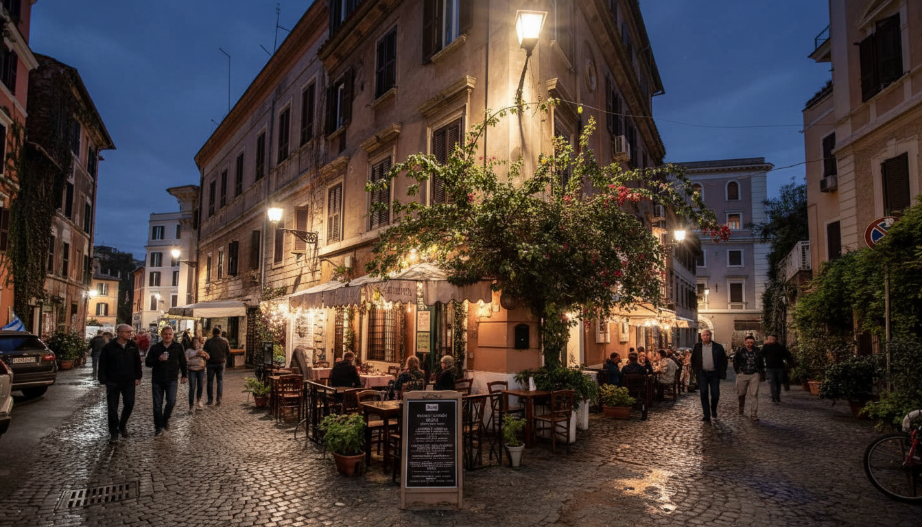 Night view of people dining at a corner restaurant on a cobblestone street in the Trastevere district, Rome, Italy.