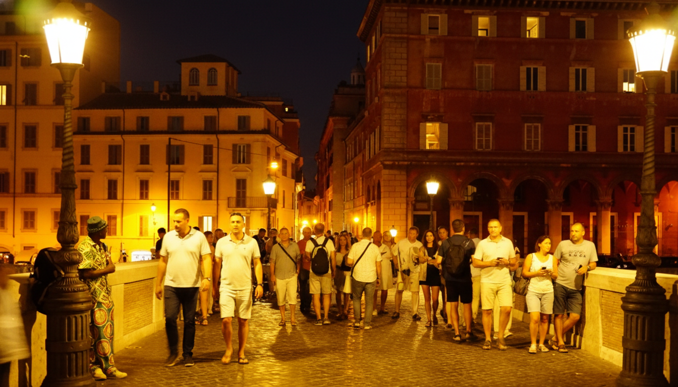 People walking across the Ponte Sisto bridge towards Trastevere Rome at night, illuminated by warm vintage streetlights and historic buildings.