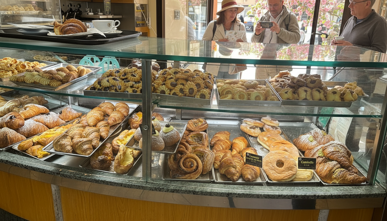 Glass display case filled with fresh croissants, cookies, and traditional pastries at a popular bakery in Trastevere.