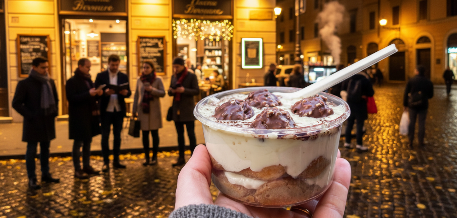 Close-up of a classic chocolate tiramisu cup held on a wet cobblestone street, representing the best tiramisu in Trastevere at night.