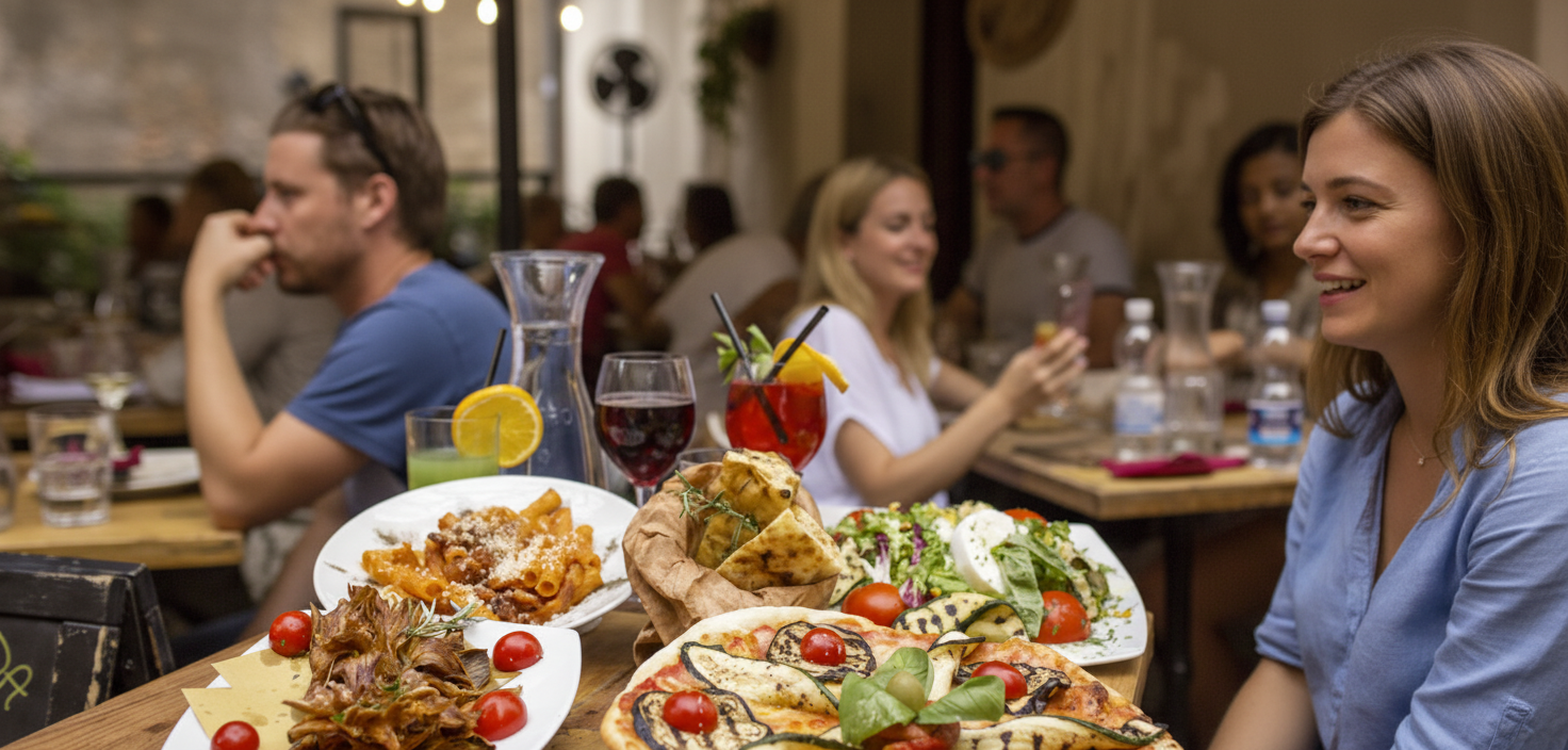Friends sharing pizza and pasta, showcasing the variety of cheap eats in Trastevere, Rome.