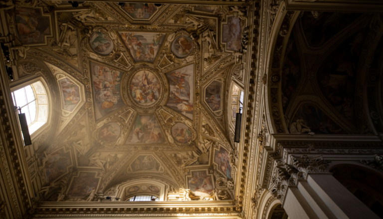 Elaborate wooden ceiling details inside the Basilica of Our Lady in Trastevere.