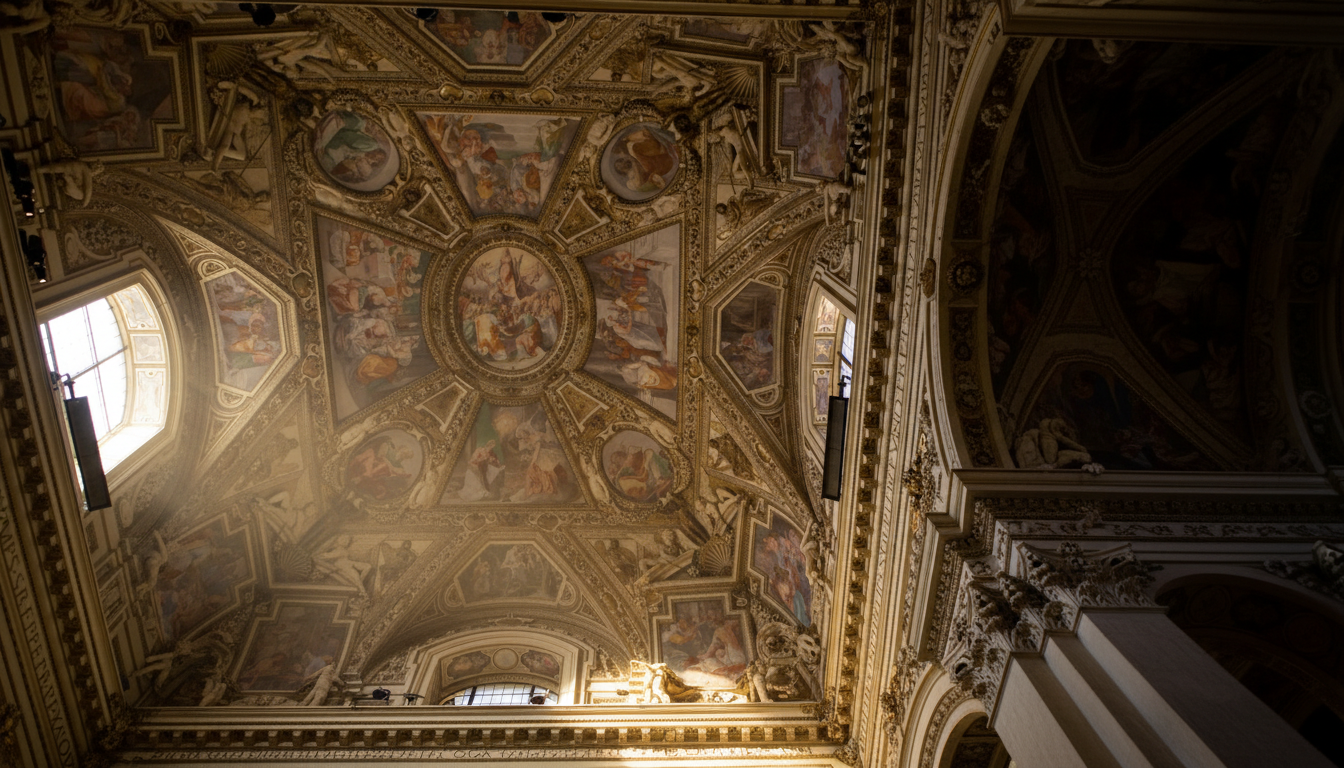 Elaborate wooden ceiling details inside the Basilica of Our Lady in Trastevere.