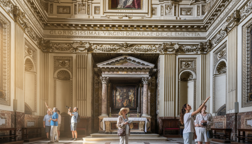 Visitors admiring the Altar of the Sacrament, a prime example of Early Christian Architecture in Rome.