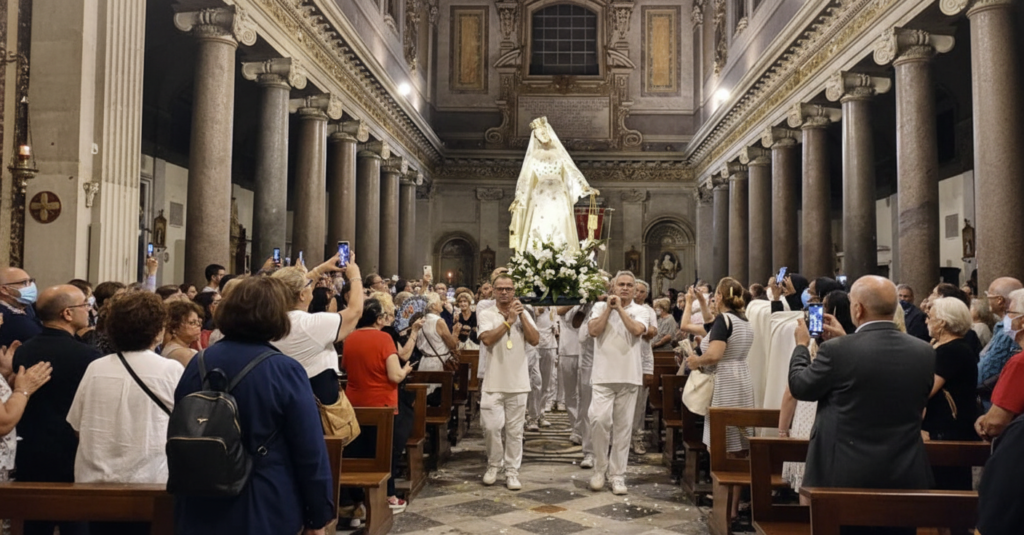 The holy statue inside the Basilica involving religious traditions of the Noantri festival Rome.