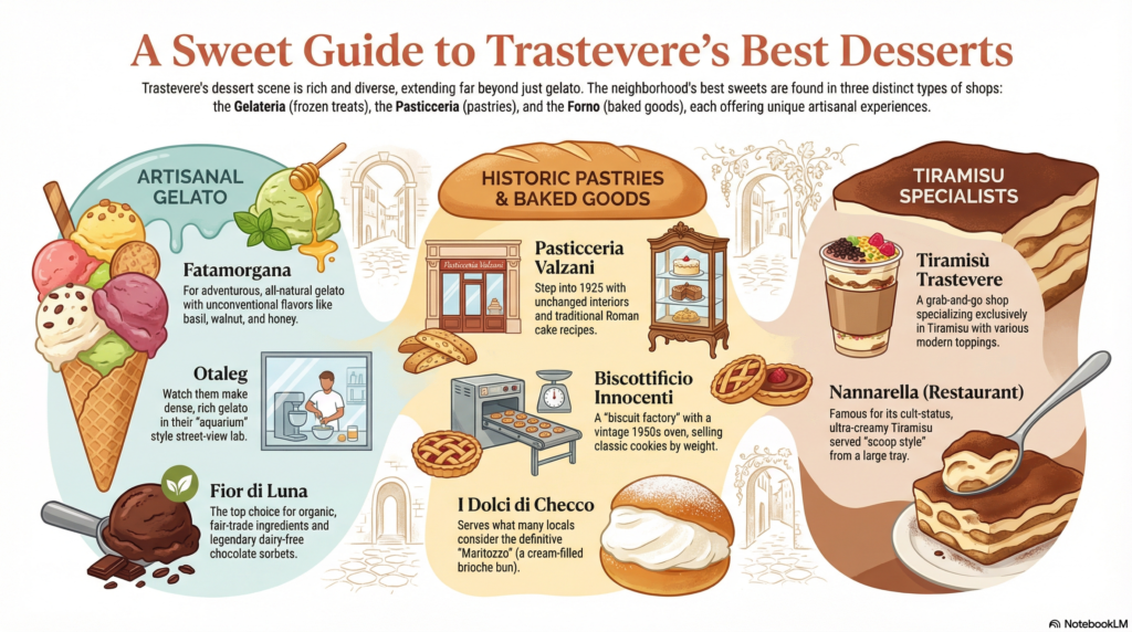 Infographic: A Sweet Guide to Trastevere’s Best Desserts featuring gelato, historic pastries, and tiramisu spots.