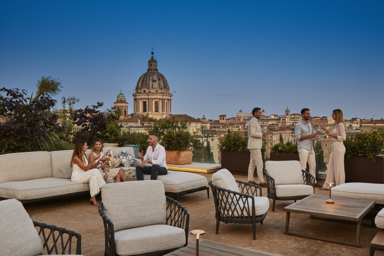 Guests enjoying evening cocktails on a panoramic rooftop terrace overlooking the dome, a feature of the best hotels in Trastevere.