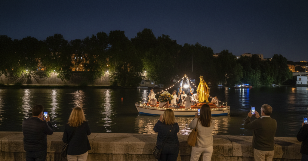 Crowd watching the Festa de Noantri night boat parade from the riverbanks.