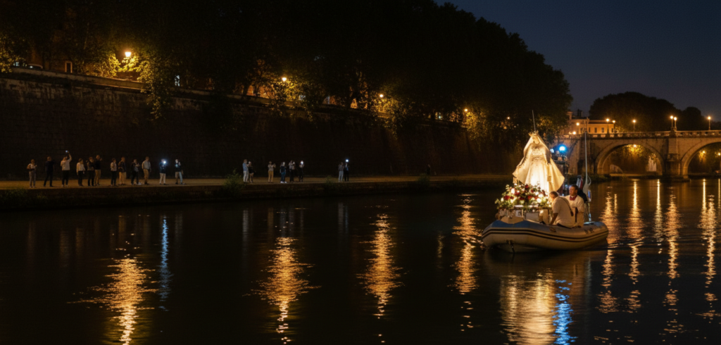 Statue of the Madonna on a boat during the Procession of Madonna Fiumarola on the Tiber River.