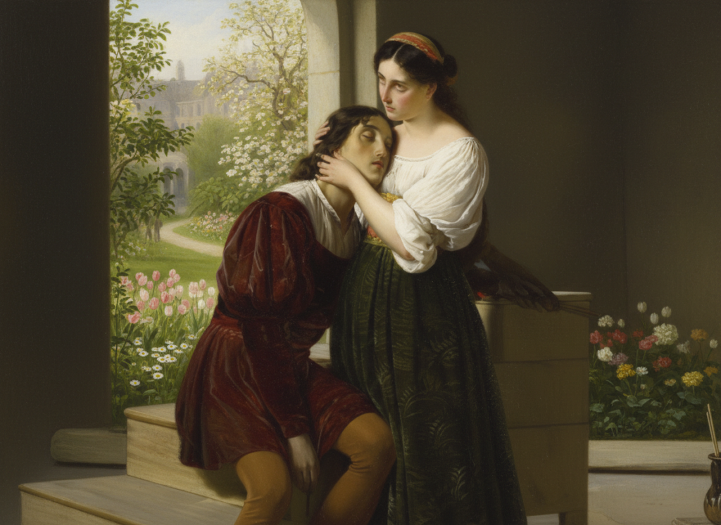 Romantic depiction of the Raphael and Fornarina legend, showing the artist embracing Margherita Luti.