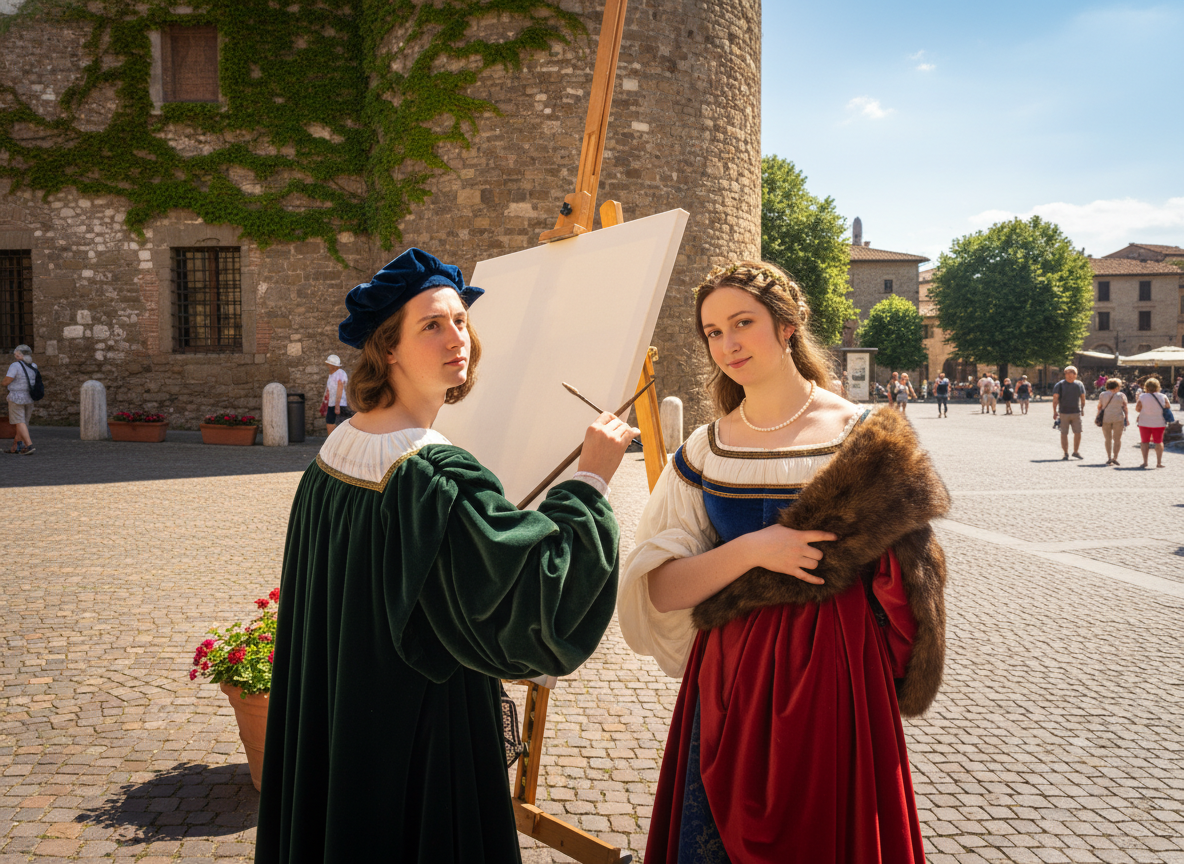Historical re-enactment of the artist painting Raphael's mistress in Trastevere square.