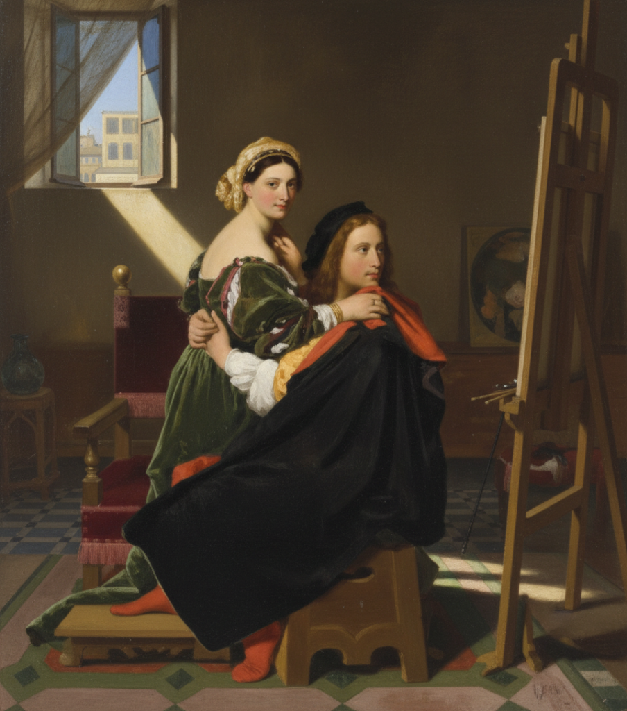 Artist at work depicting the story of Raphael and Fornarina in his studio.