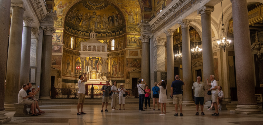 Interior of the Basilica of Santa Maria in Trastevere featuring ancient granite columns and golden mosaics.