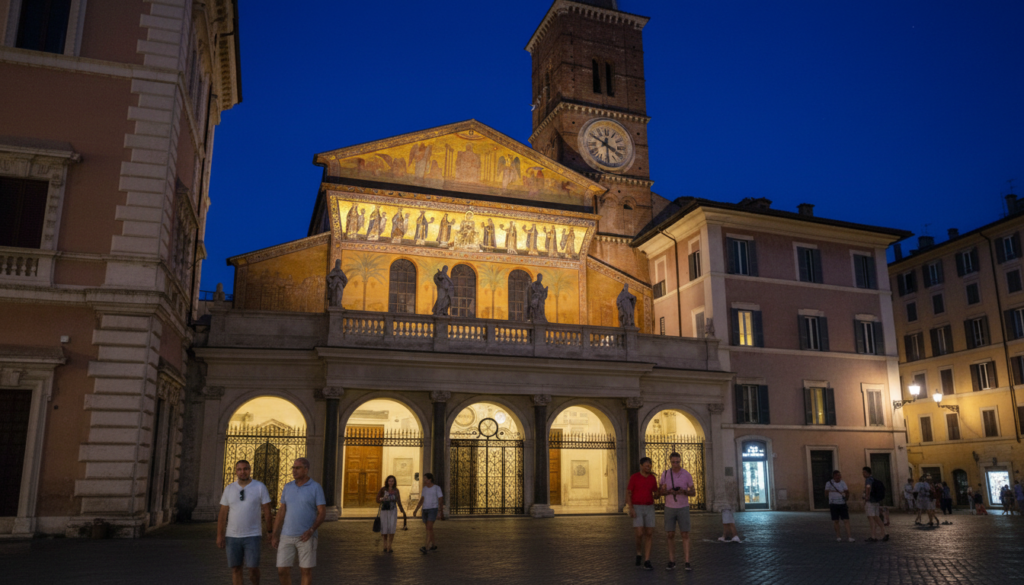 Golden mosaics on the facade of the Basilica of Santa Maria illuminated at night.