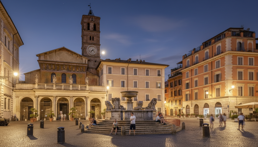 Evening atmosphere at Piazza Santa Maria, a key location when choosing Trastevere vs Monti for nightlife.