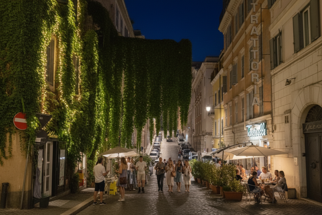 Outdoor dining at a traditional trattoria, a classic experience in the Trastevere district.