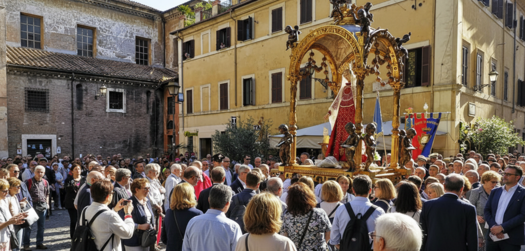 Grand street procession moving through the crowds during the Trastevere festival July.