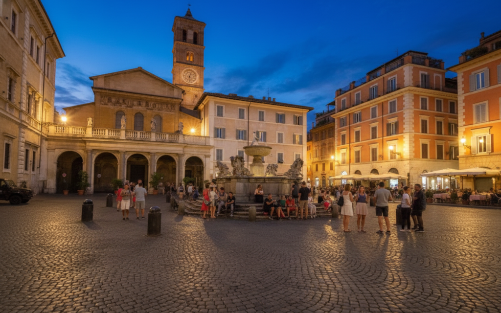 Evening view of the facade and bell tower of Trastevere Santa Maria from the piazza.