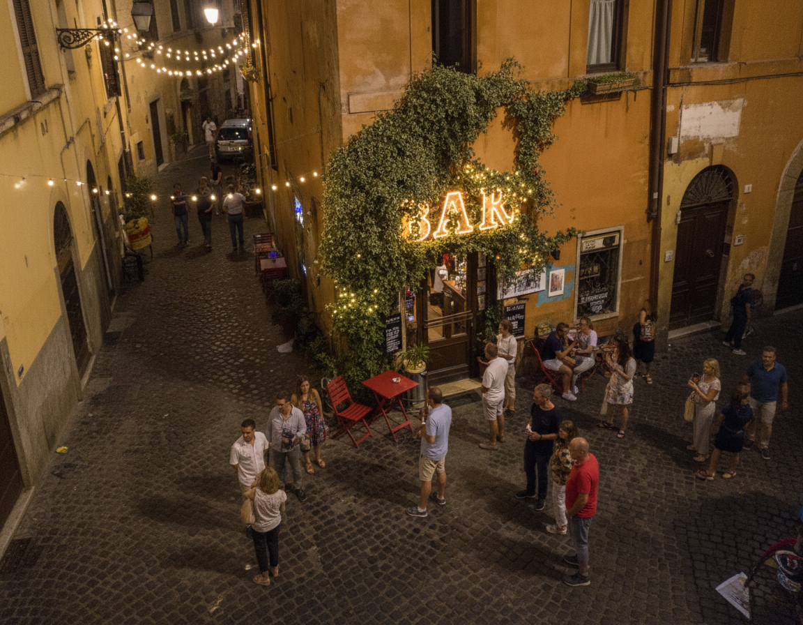Nightlife scene on a cobblestone street with a lit bar, showing the pedestrian zone you will explore after figuring out how to get to Trastevere.