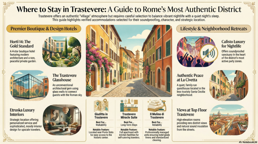 Infographic guide categorizing the best hotels in Trastevere, Rome, into Premier Boutique and Lifestyle Retreats, highlighting key features like soundproofing and location.